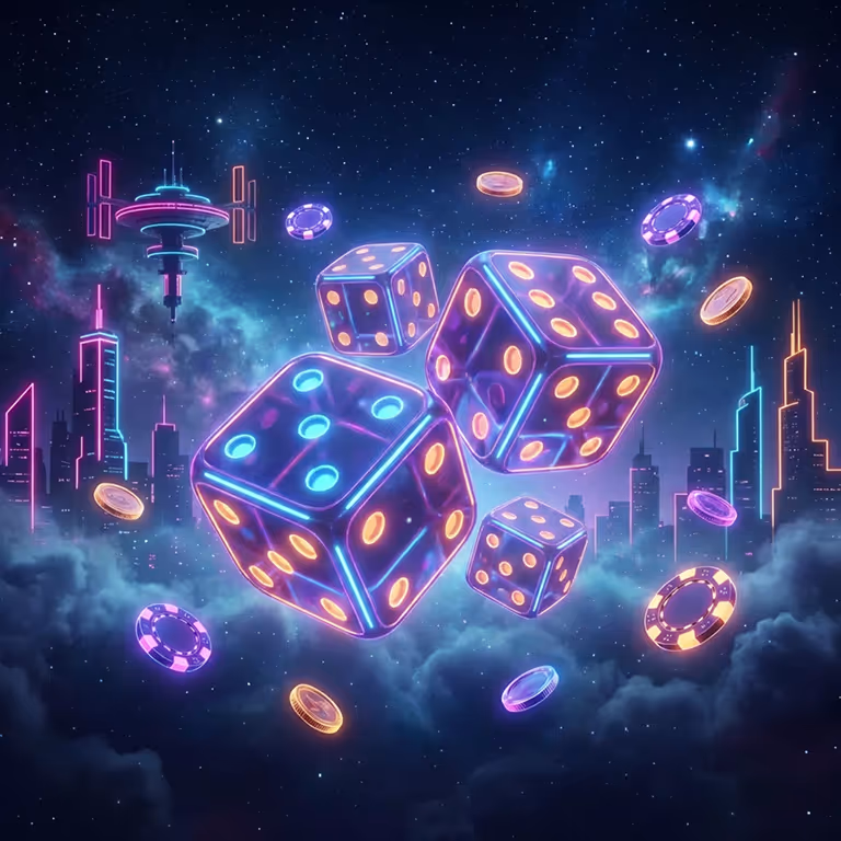 Leuchtende Neon-Würfel, die im Himmel zwischen schwebenden Casinochips und futuristischer Stadtkulisse rollen – BotSpinsBet Casino